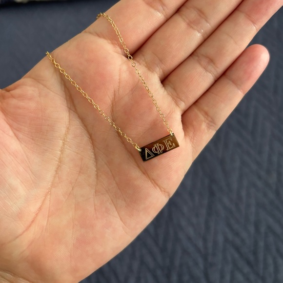 Delta Phi Epsilon Letters DPhiE Engraved Sorority Necklace - 14kt Gold Filled - Picture 2 of 8